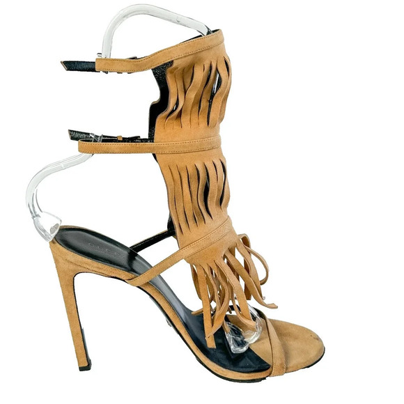 Gucci Becky Suede Fringe Camelia color Gladiator Sandal Heels 40/ US 10 - Picture 7 of 16